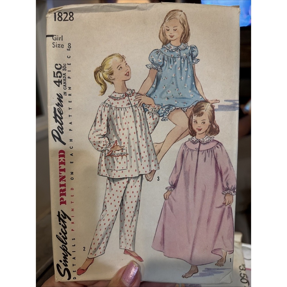 Vintage 1950s Simplicity 1828 Girls Pajama Nightgown Sewing Pattern Size 8 Cut